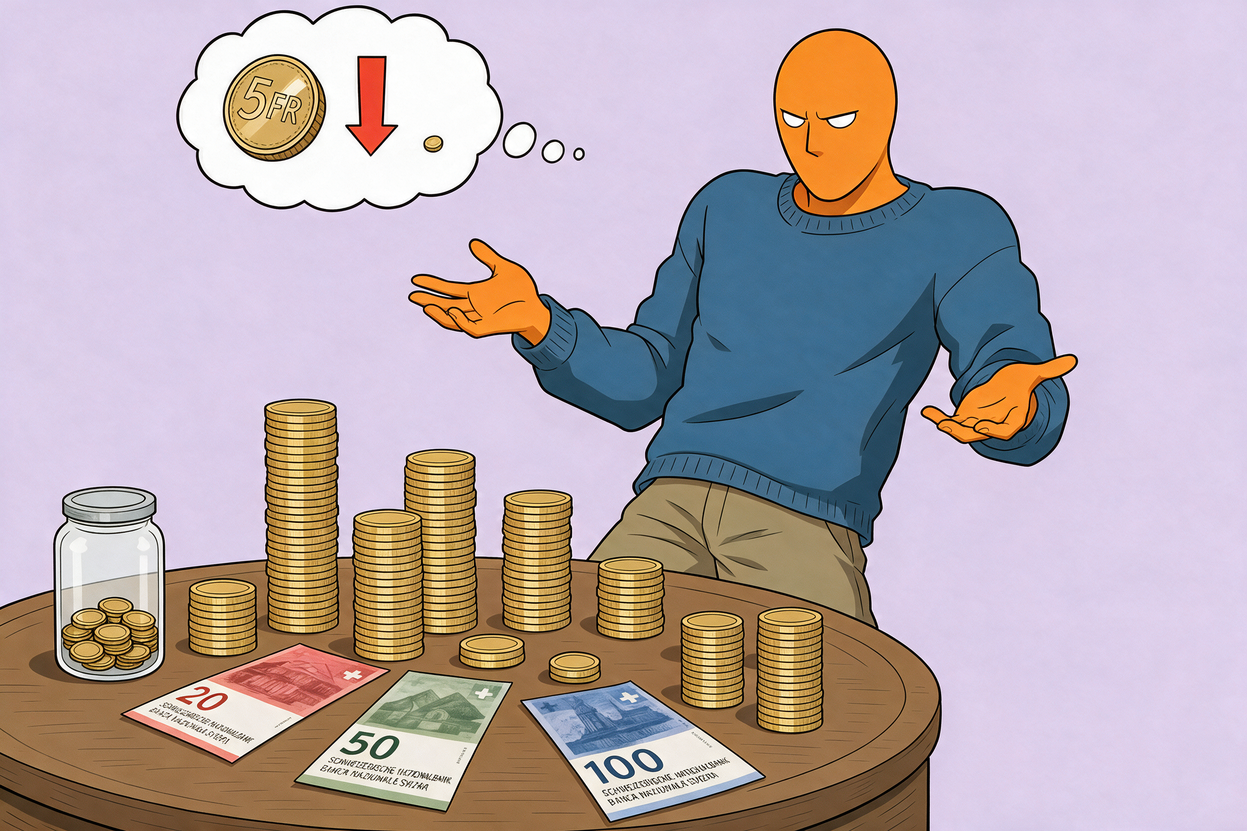Geld auf Sparkonto verliert an Wert Inflation — Münzstapel auf dem Tisch, AlFi schaut erstaunt auf die schrumpfende Kaufkraft
