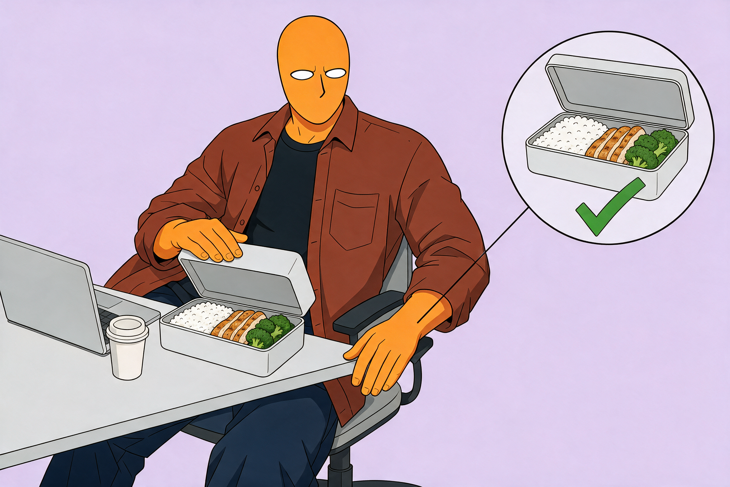 High Protein Mittagessen Büro: AlFi sitzt am Schreibtisch vor einer gefüllten Lunchbox