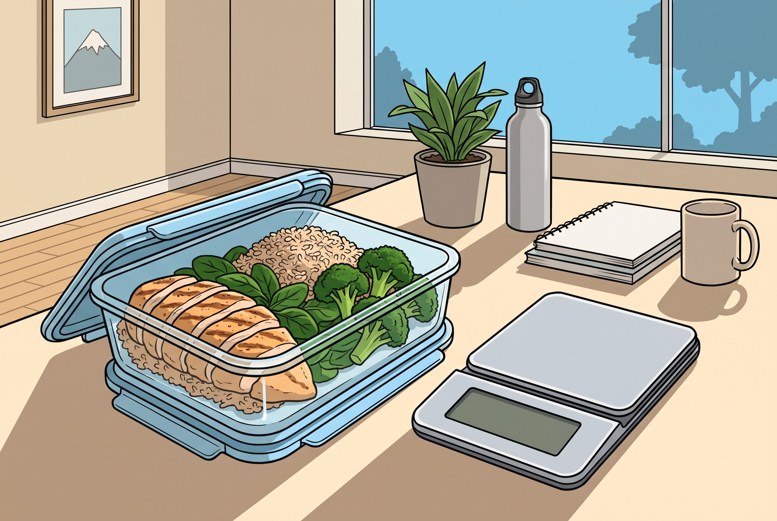Lunchbox mit Hähnchen, Reis und Gemüse neben einer Küchenwaage