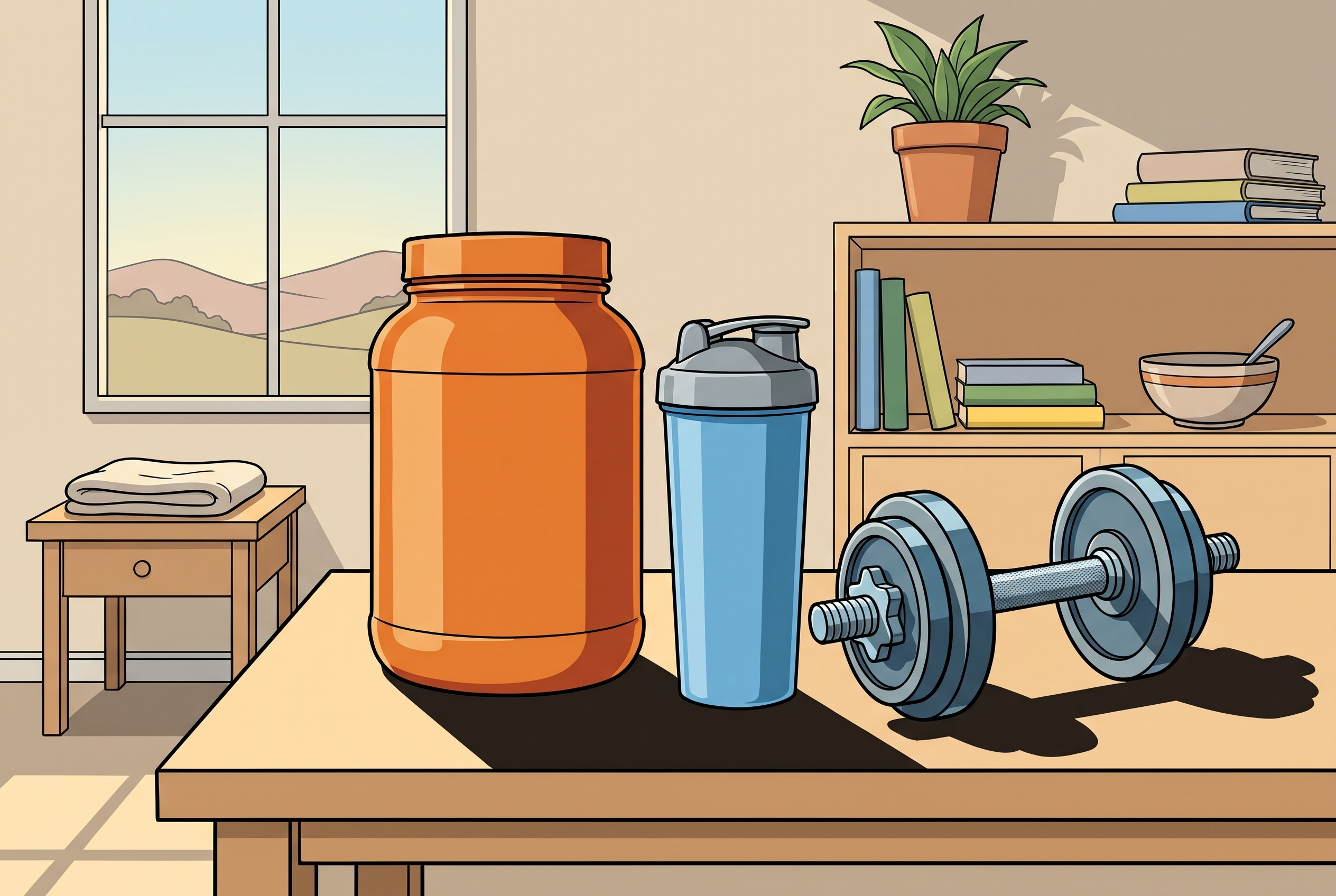 Protein im Kaloriendefizit: Shaker, Dose und Kurzhantel