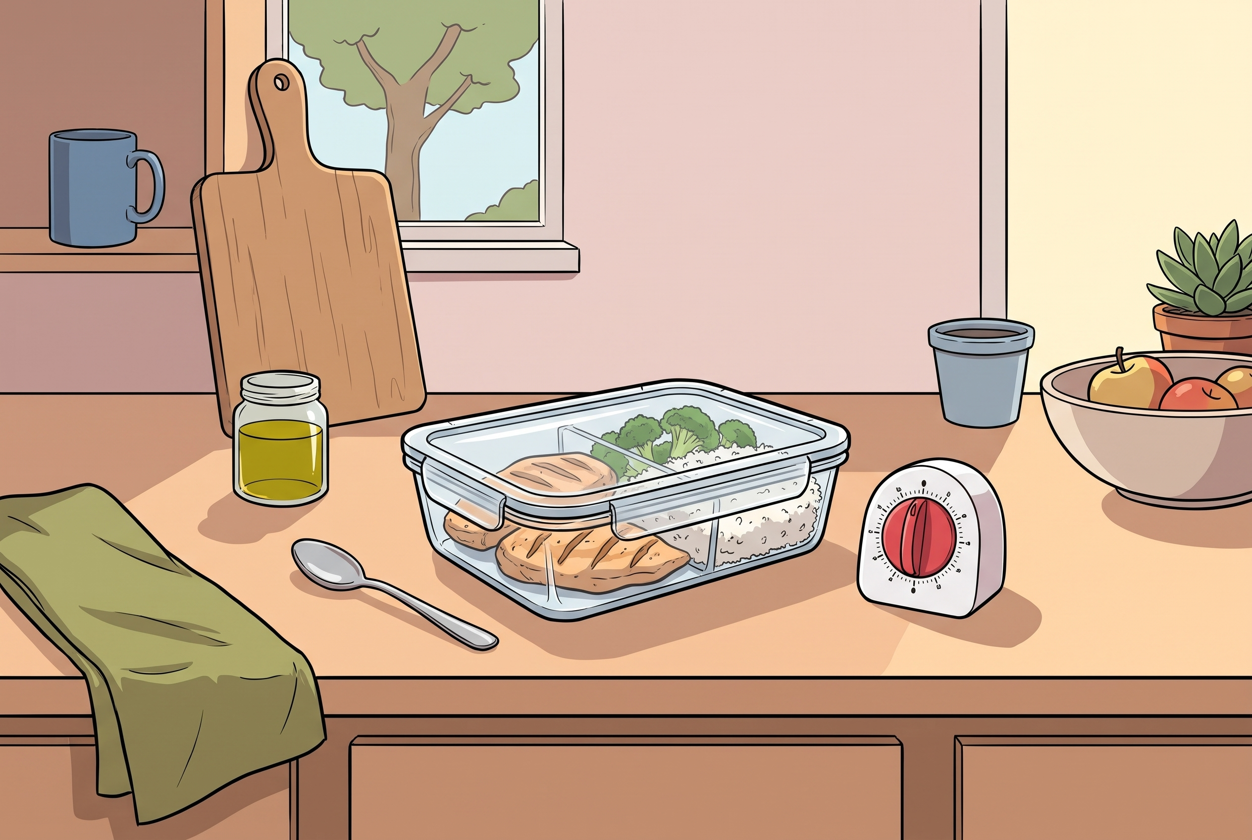 Meal-Prep-Box und Küchentimer fürs Kaloriendefizit