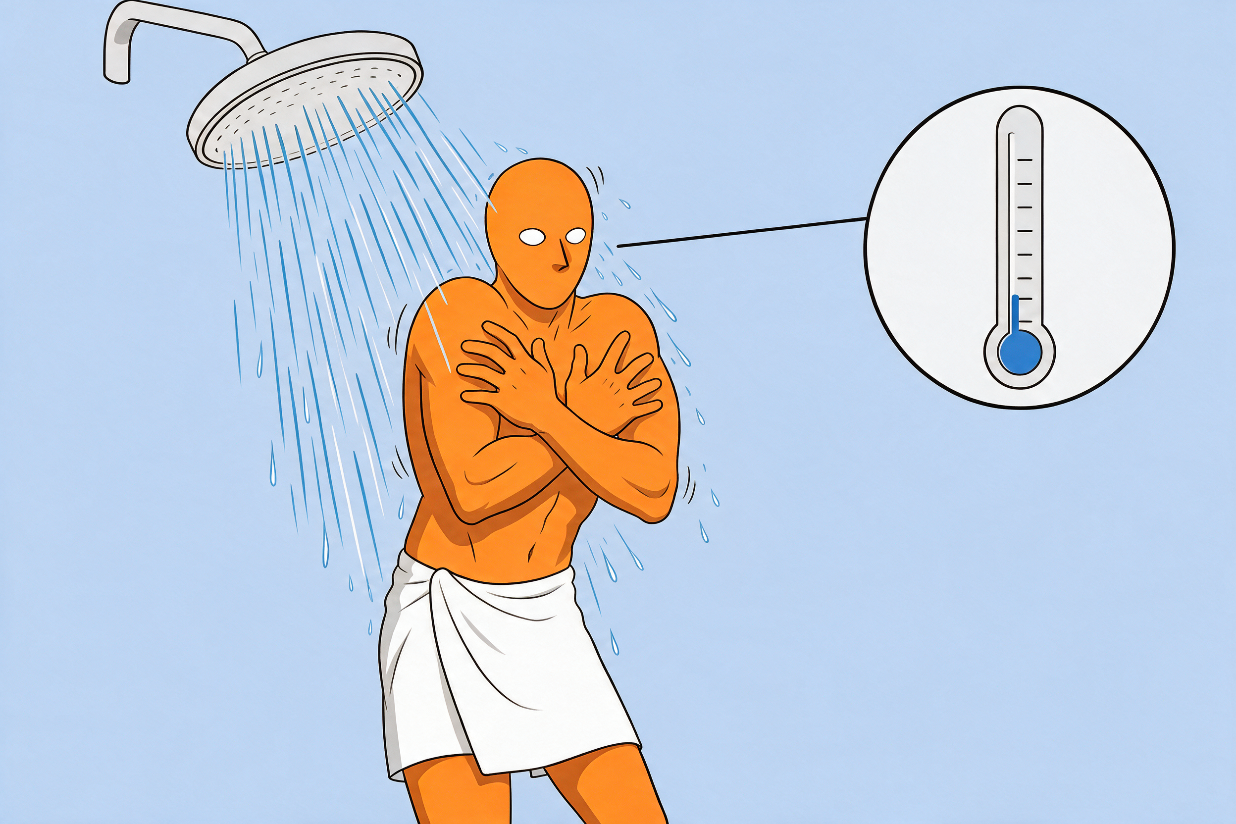 Kalt duschen Wirkung Erfahrung: AlFi steht erschrocken unter der kalten Dusche
