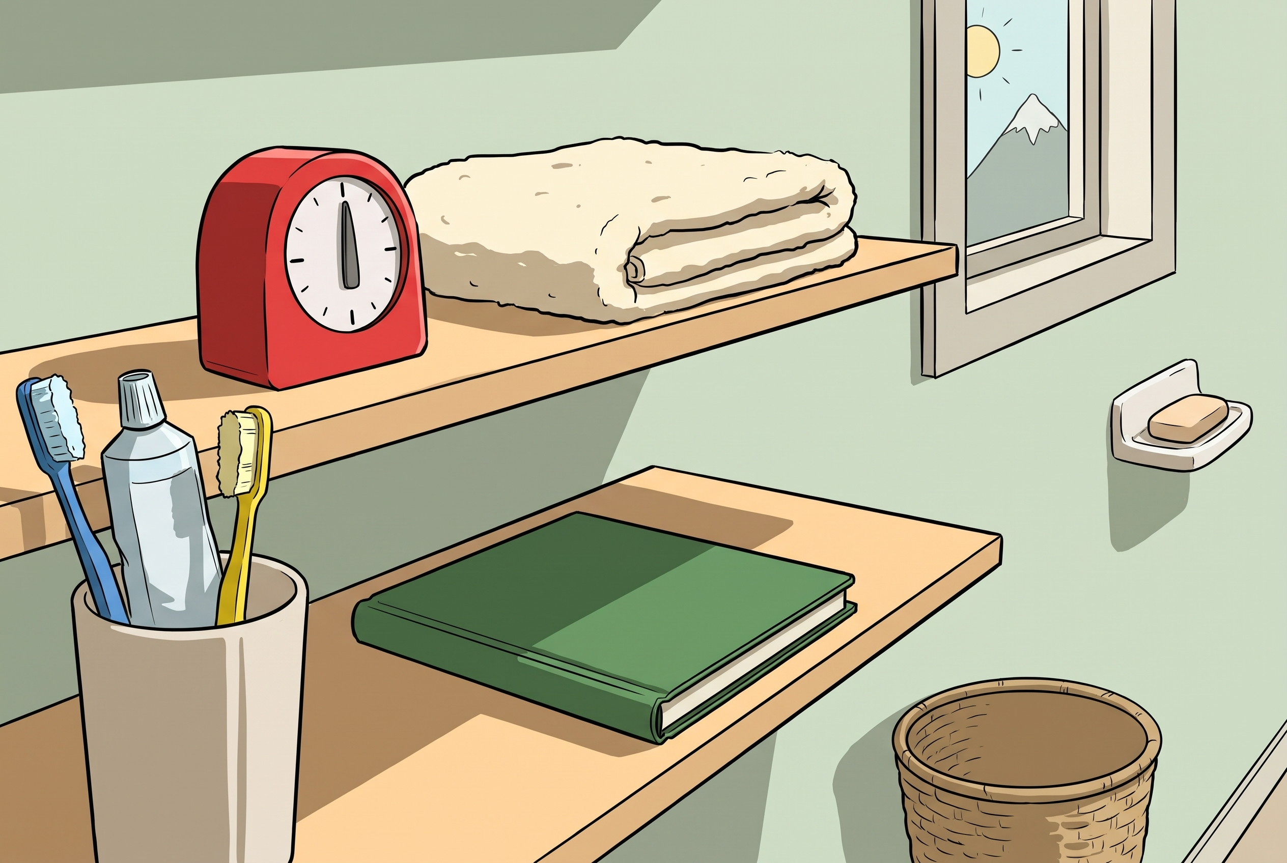 Timer, Handtuch und Notizbuch für die Kalt-Dusch-Routine