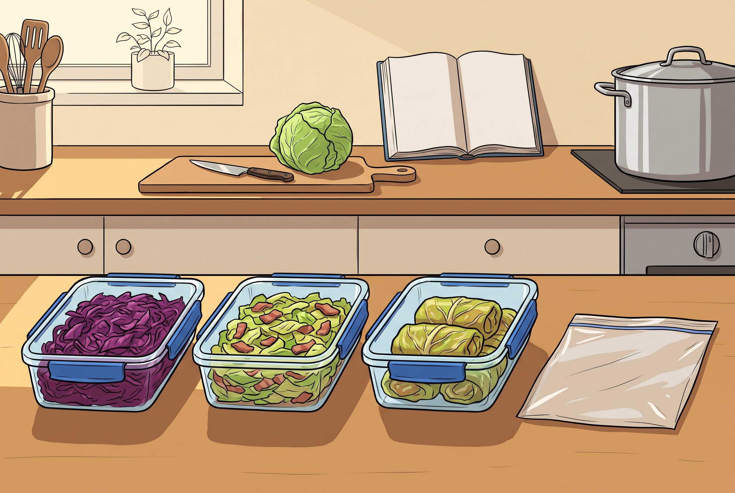 Meal-Prep-Boxen mit Kohlgerichten als gezeichnetes Stillleben für den Sonntag Batch-Cook