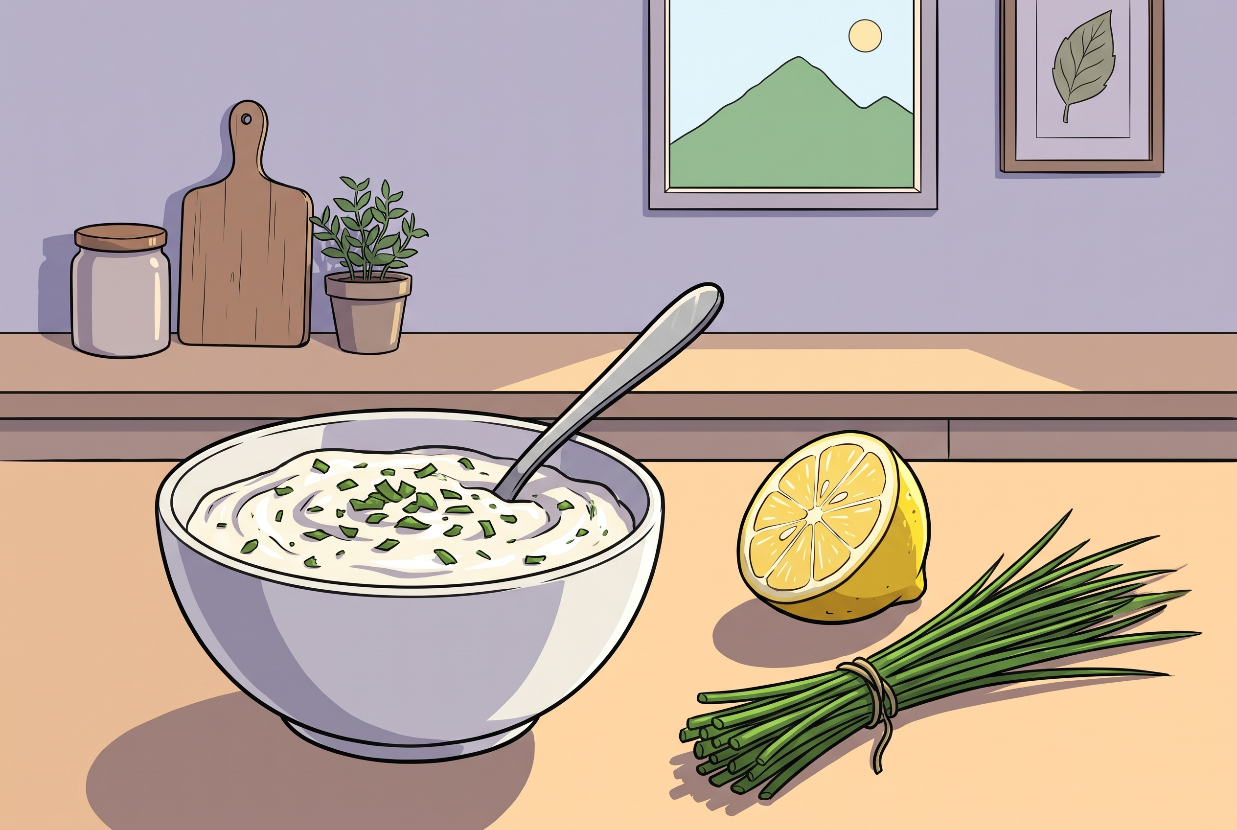 Gezeichneter Kräuterquark mit Zitrone und Schnittlauch als herzhafter Magerquark Rezepte Basis