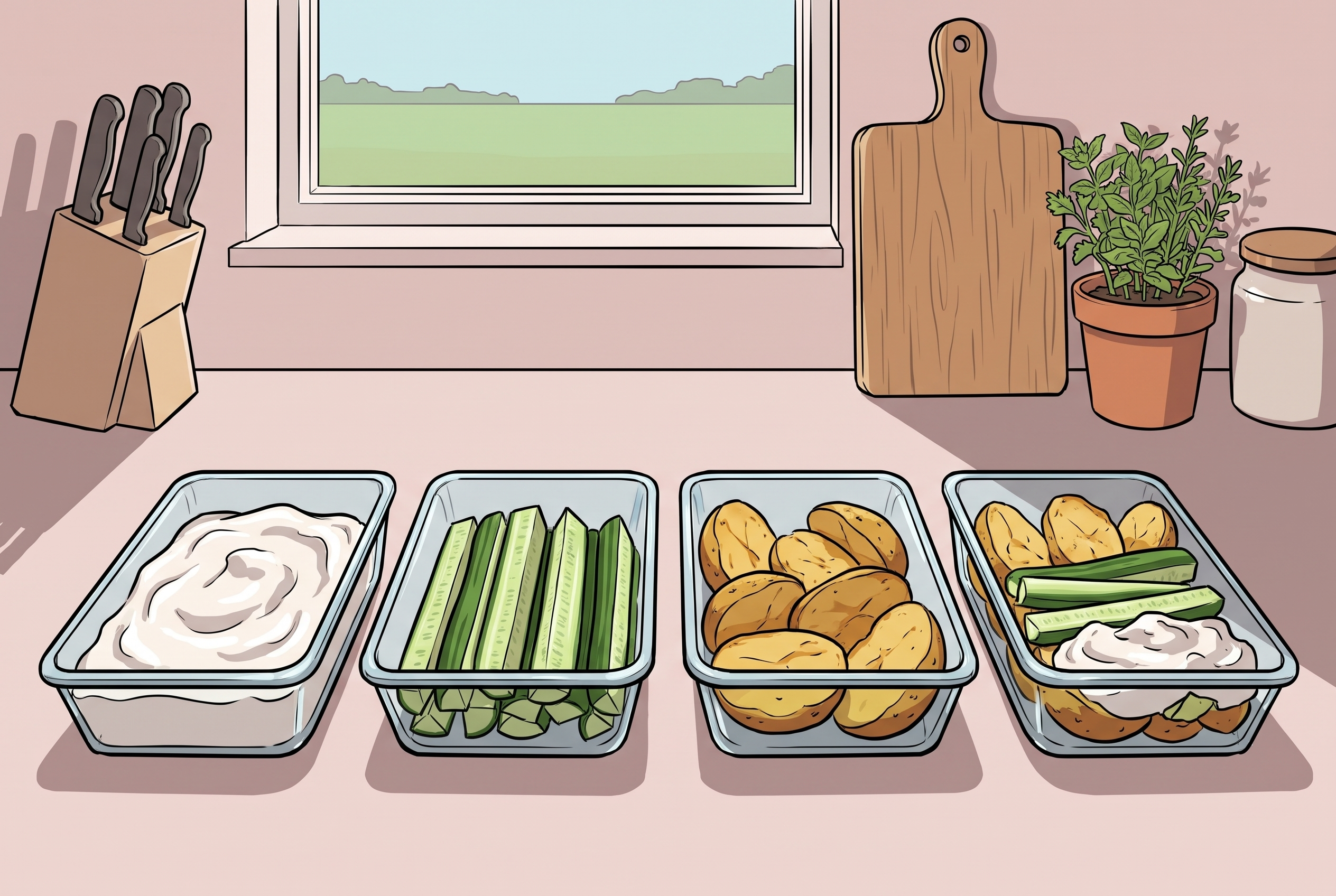 Gezeichnete Meal-Prep-Boxen mit herzhaftem Magerquark und Gemüse