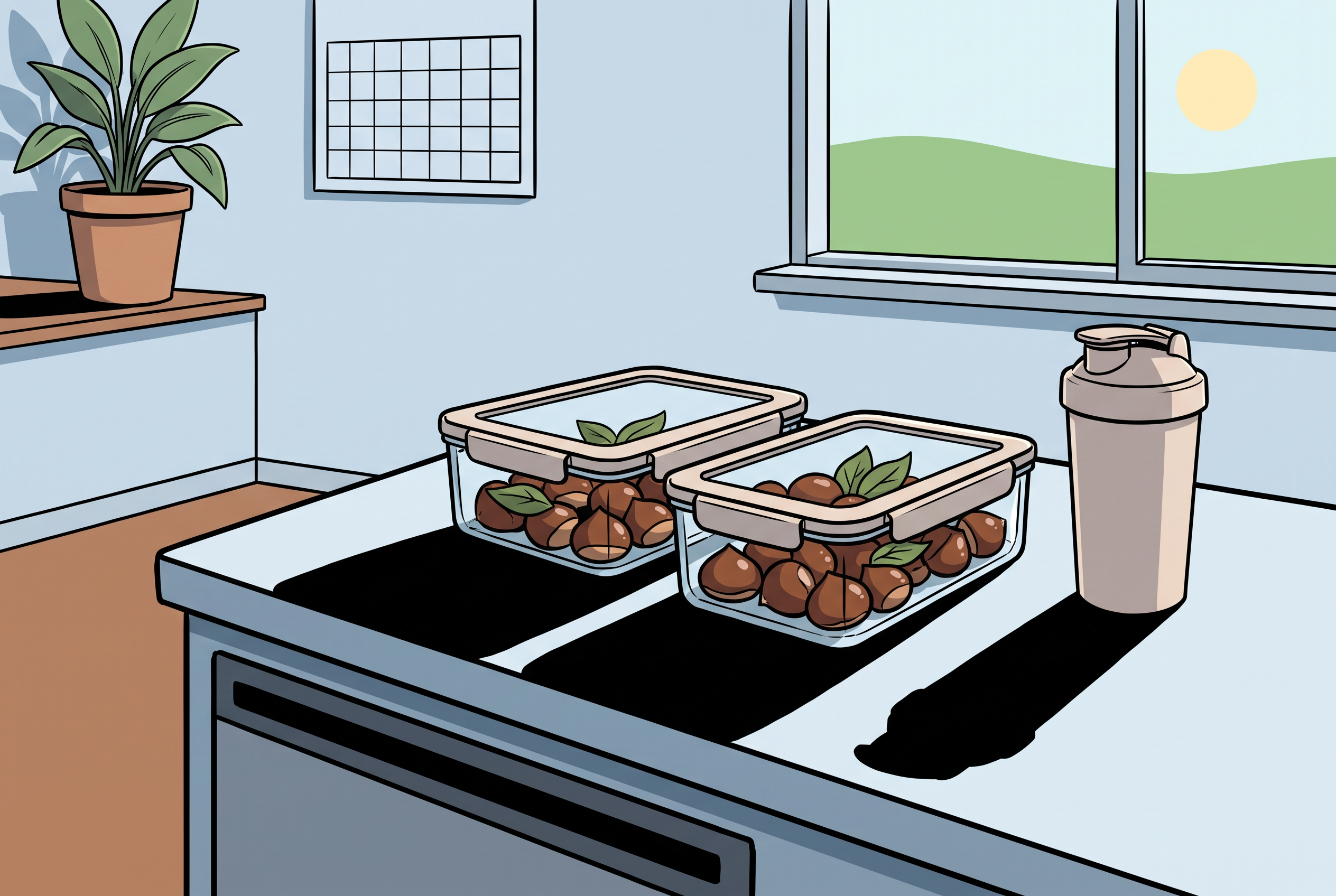 Meal-Prep-Boxen mit Maroni und Shaker für den Proteinsnack
