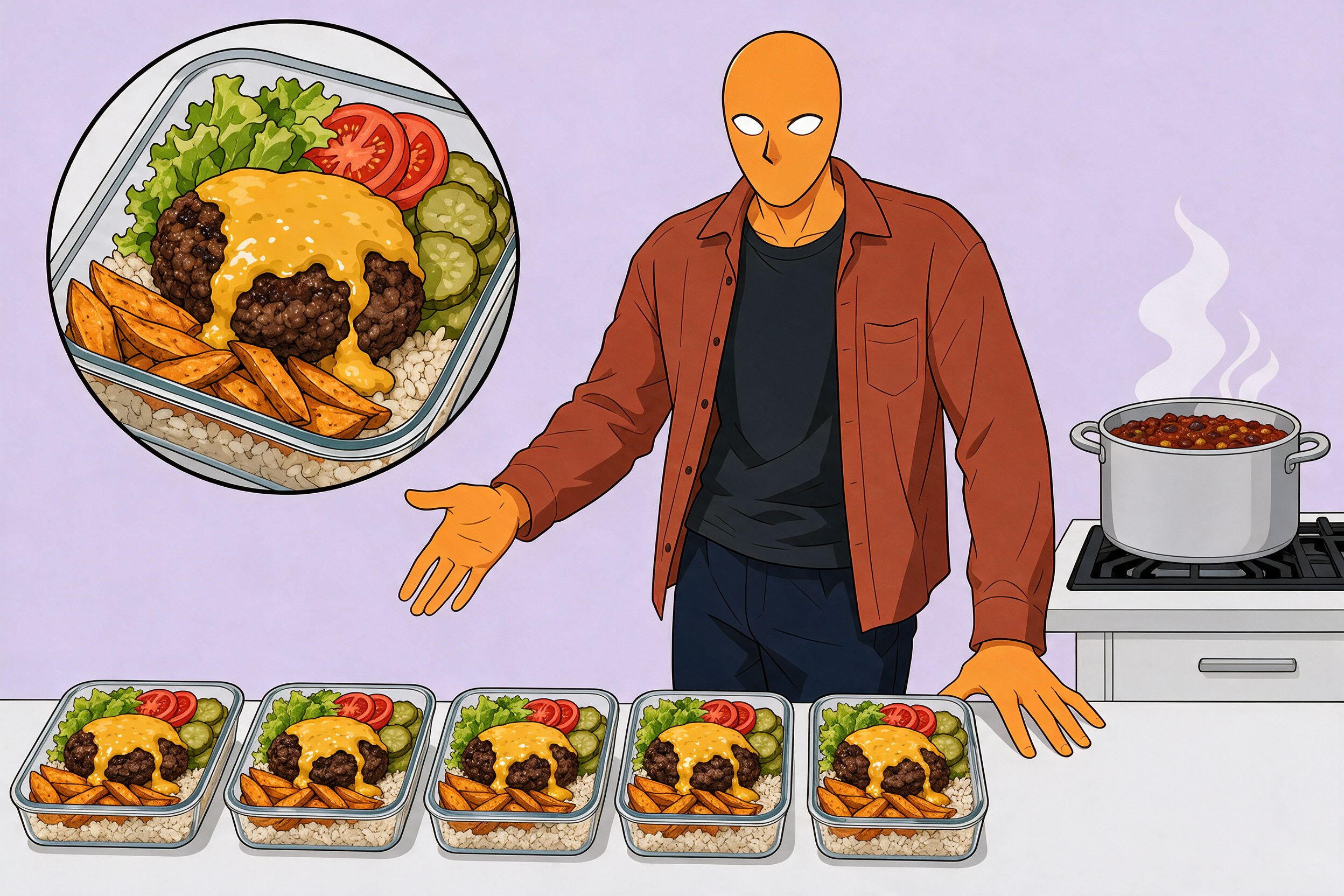 Meal Prep Abnehmen 5 Tage Plan – AlFi in der Küche mit fünf vorbereiteten Burger-Bowl-Boxen und einem Topf Chili