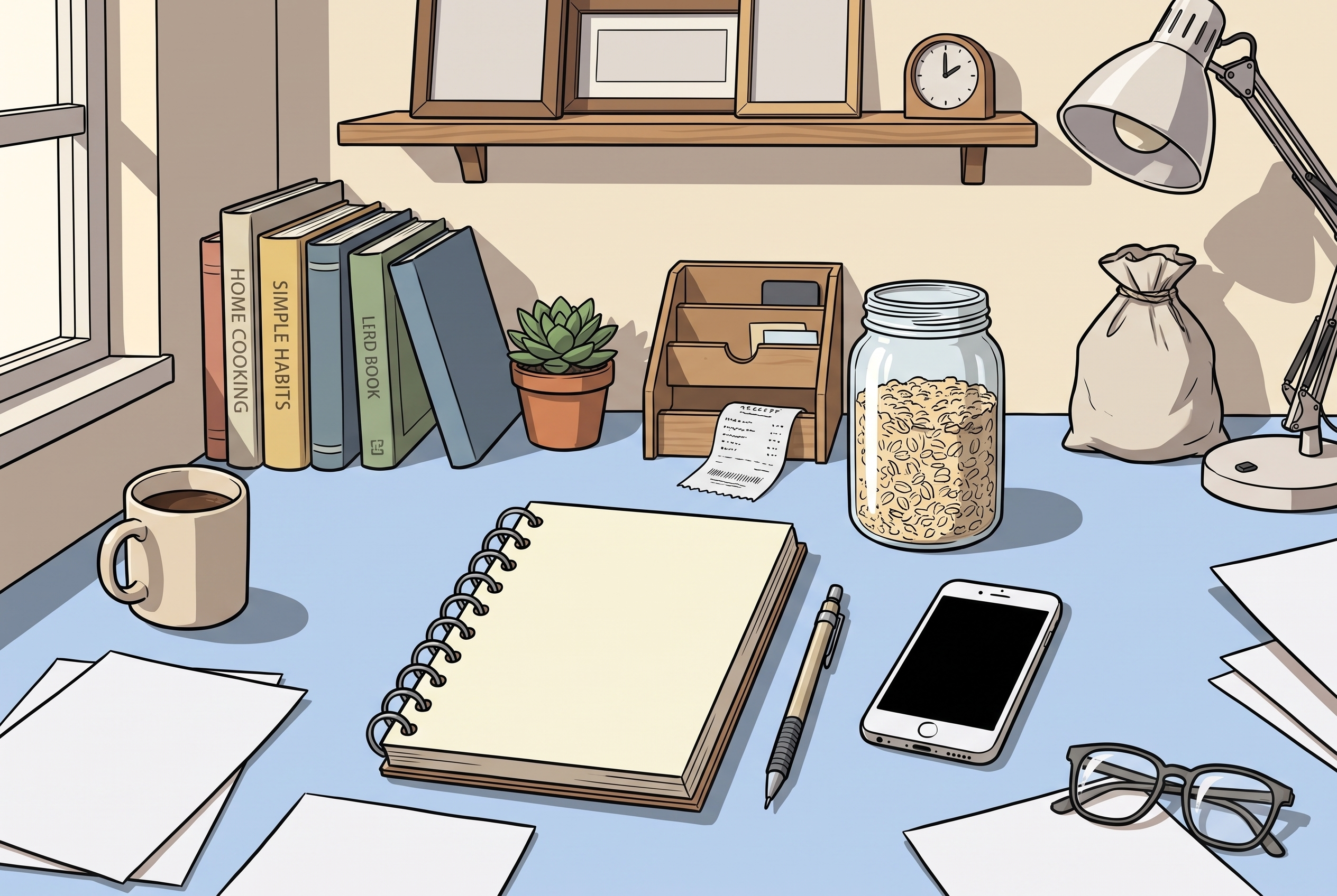 Meal Prep Abnehmen Planung – Notizbuch, Smartphone und Haferflocken
