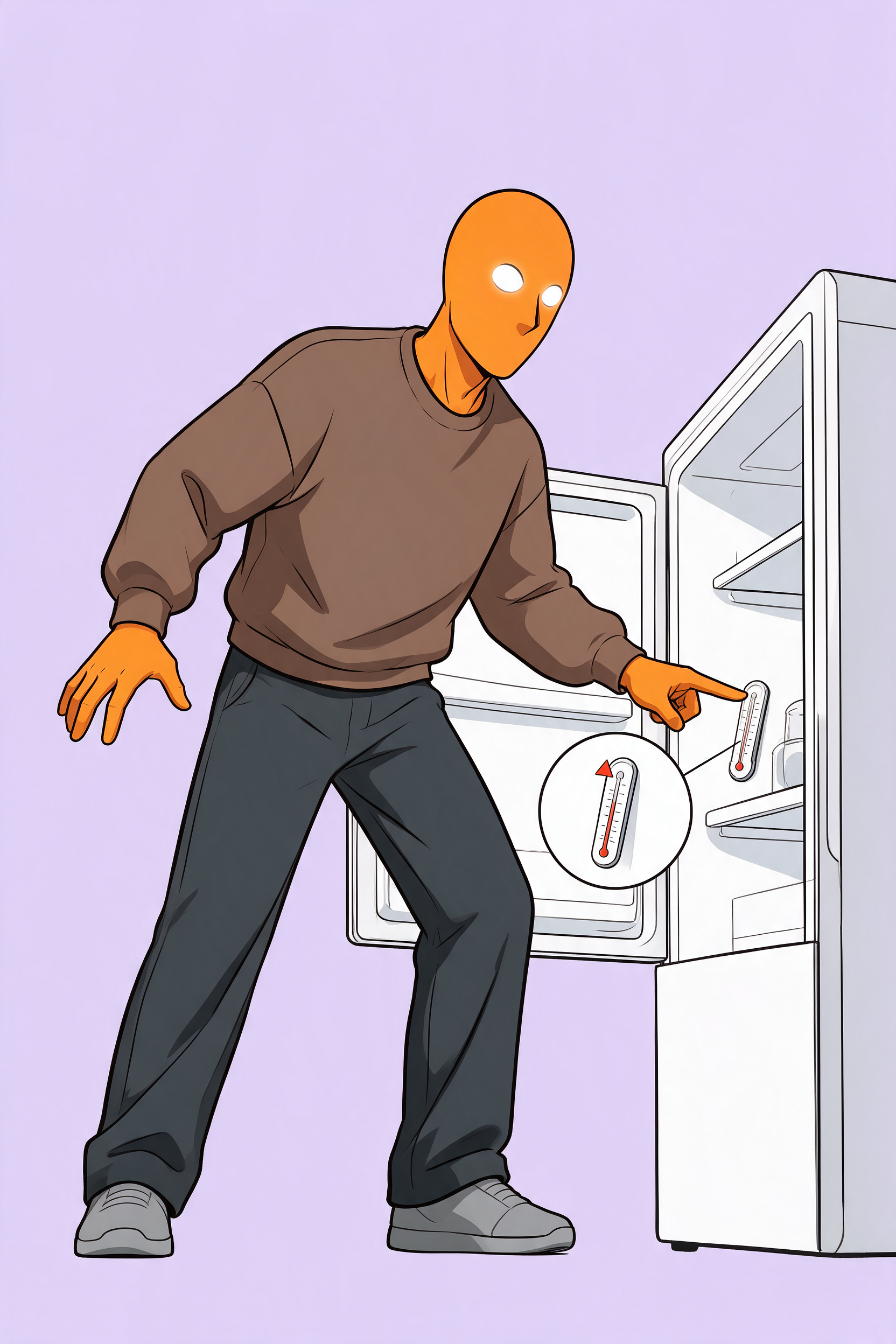 AlFi zeigt im Kühlschrank auf ein Thermometer – sichere Lagerung bei Meal Prep Rezepte ohne Kochen