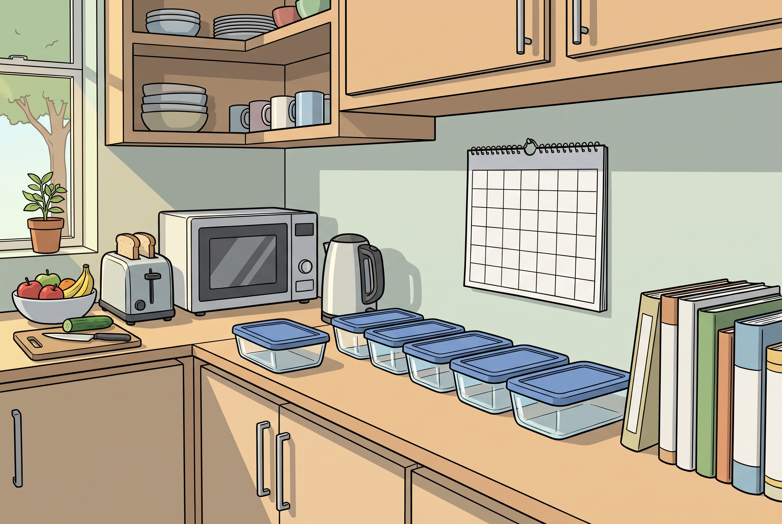 Fünf Meal-Prep-Boxen aus Glas in einer Reihe für die Woche