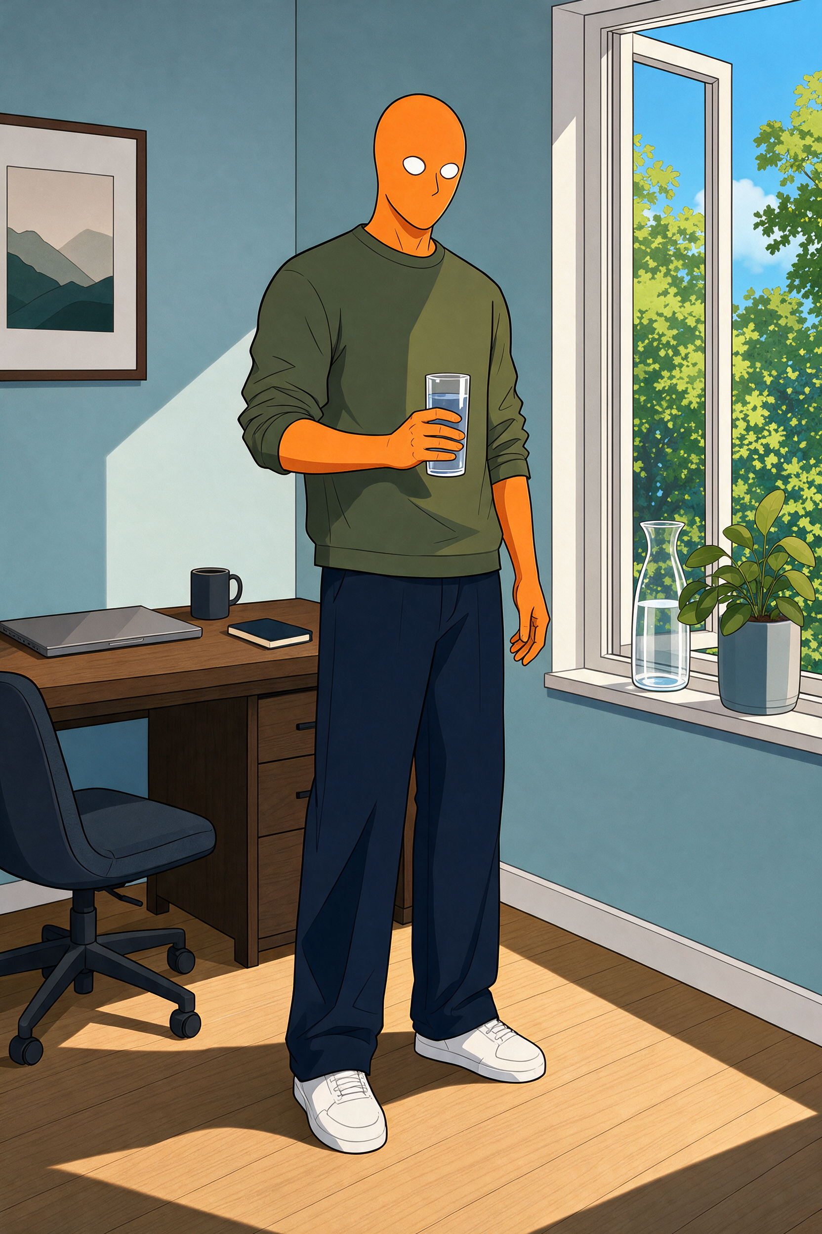 AlFi macht im Büro eine Pause, steht mit einem Glas Wasser am Fenster, hinter ihm der geschlossene Laptop auf dem Schreibtisch.