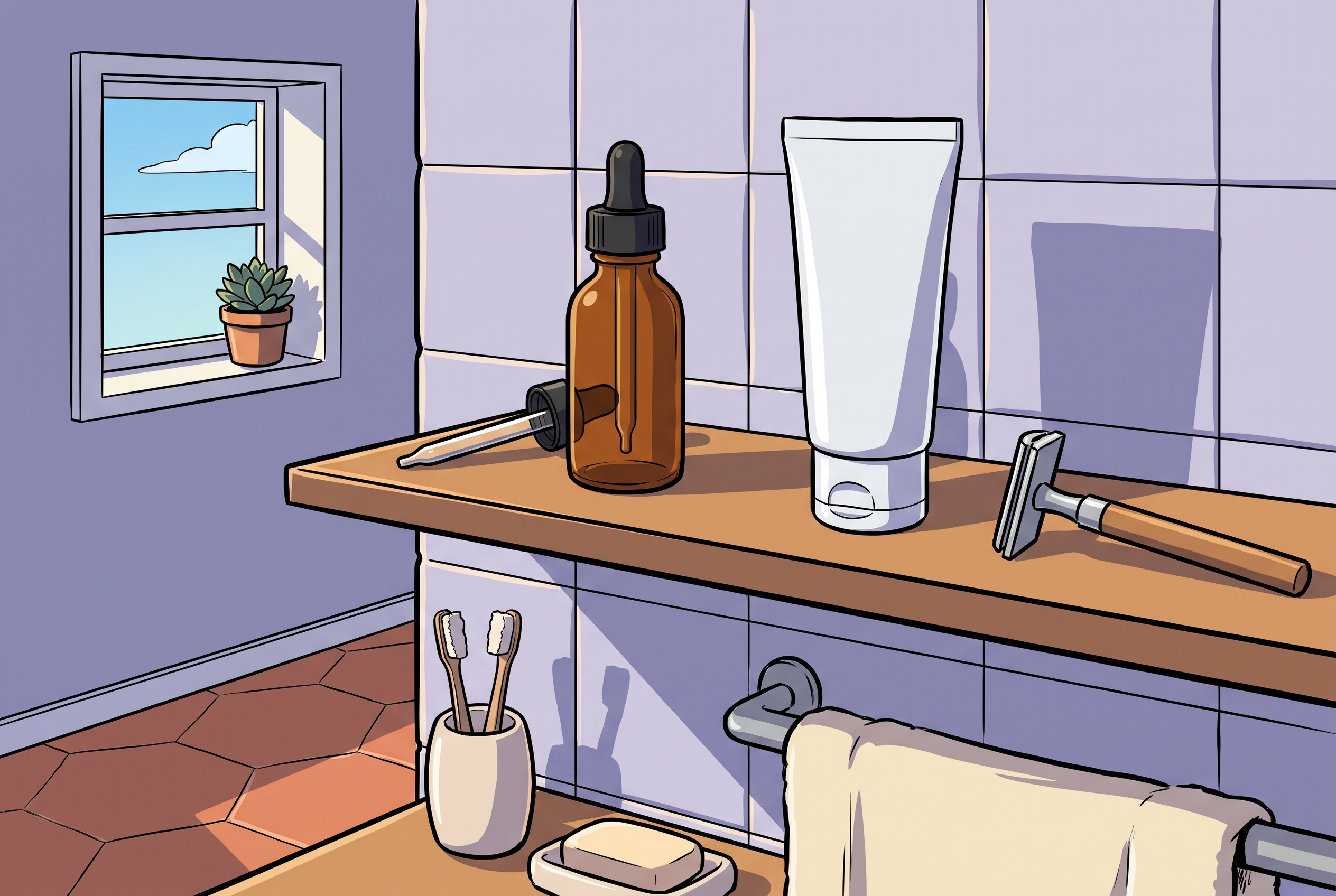 Niacinamid Serum, Sonnencreme und Rasierer im Bad