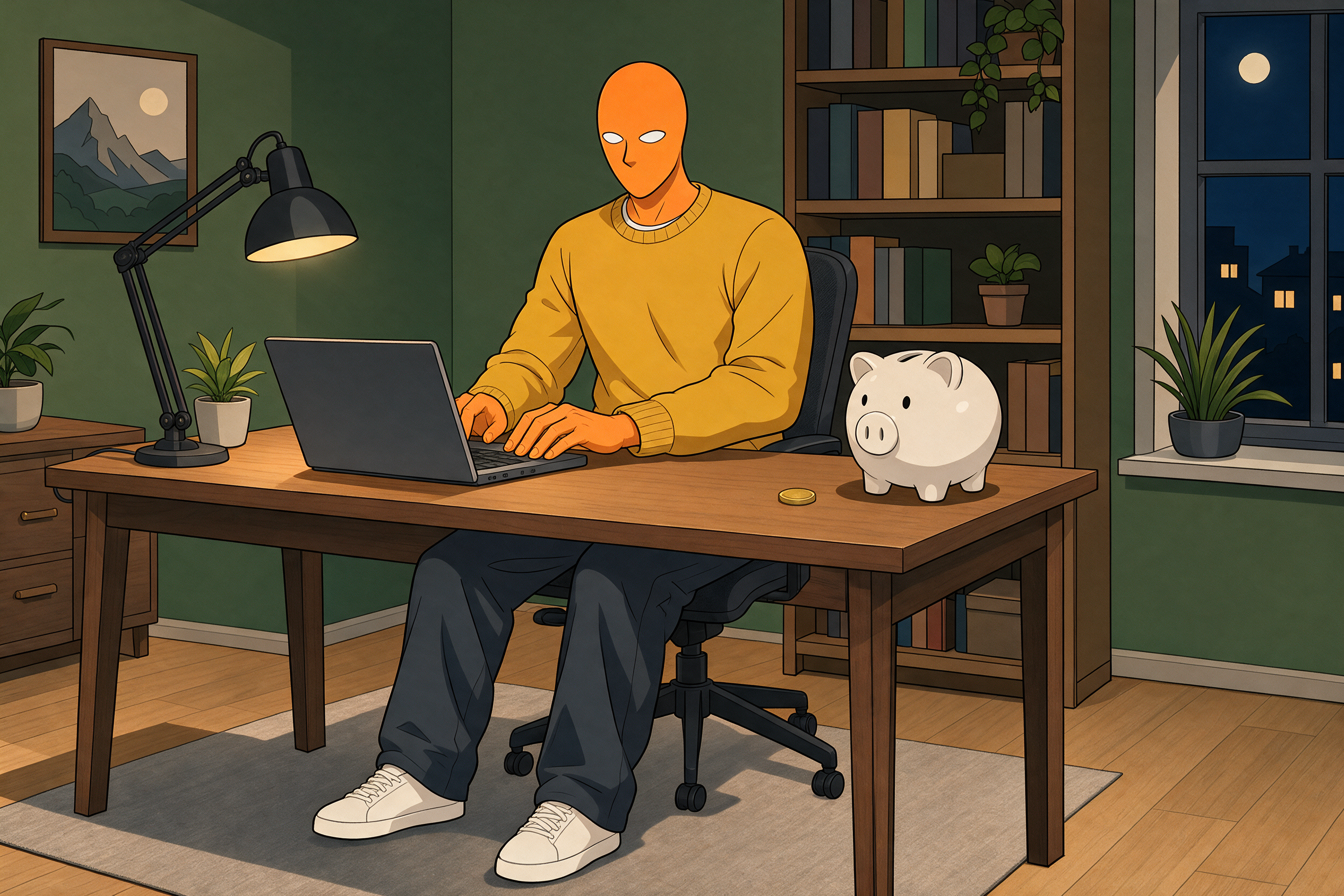 AlFi sitzt abends am Laptop auf einem Schreibtisch, daneben steht ein Sparschwein mit einer einzelnen Münze.