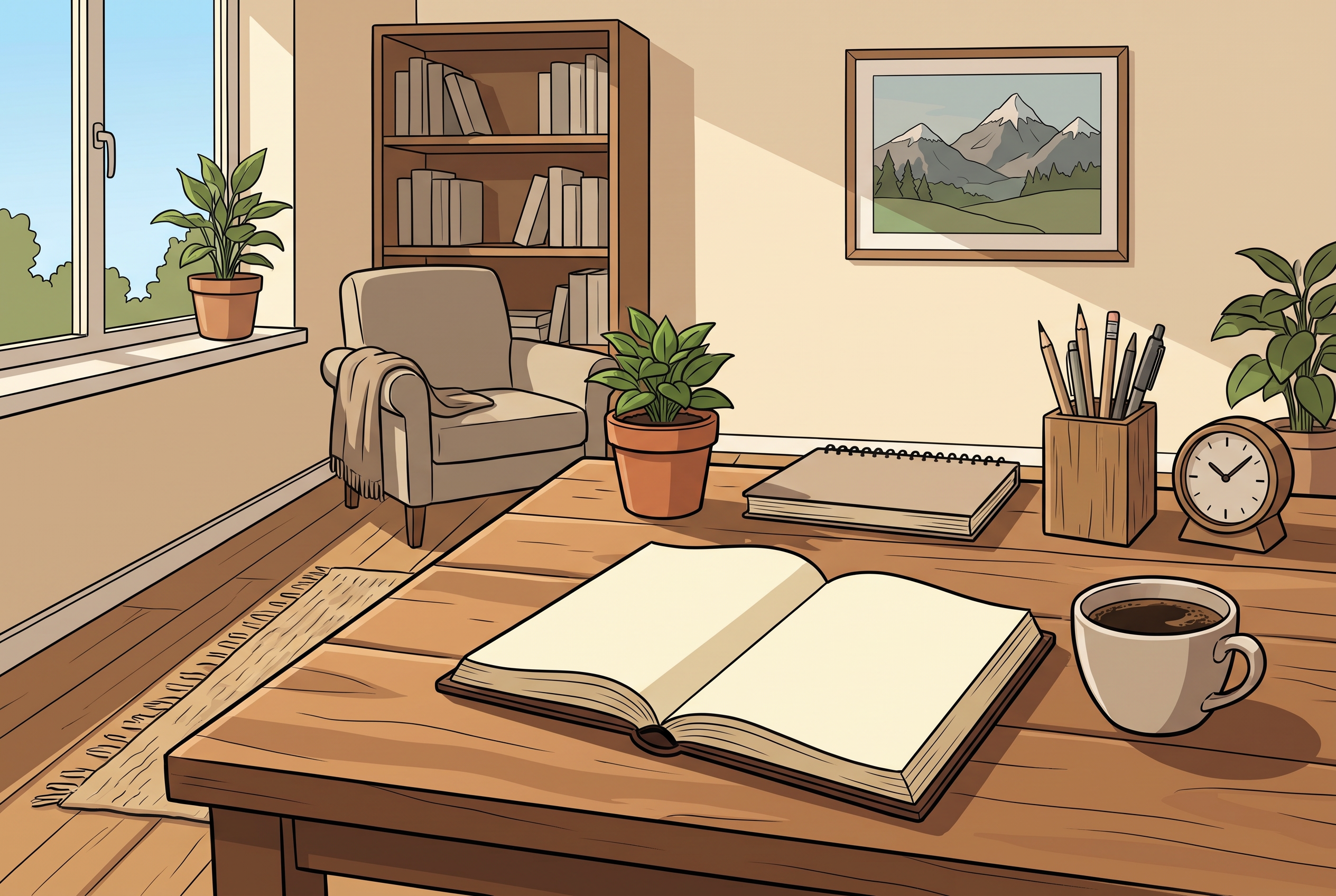 Buch und Kaffee beim Planen als Privatier
