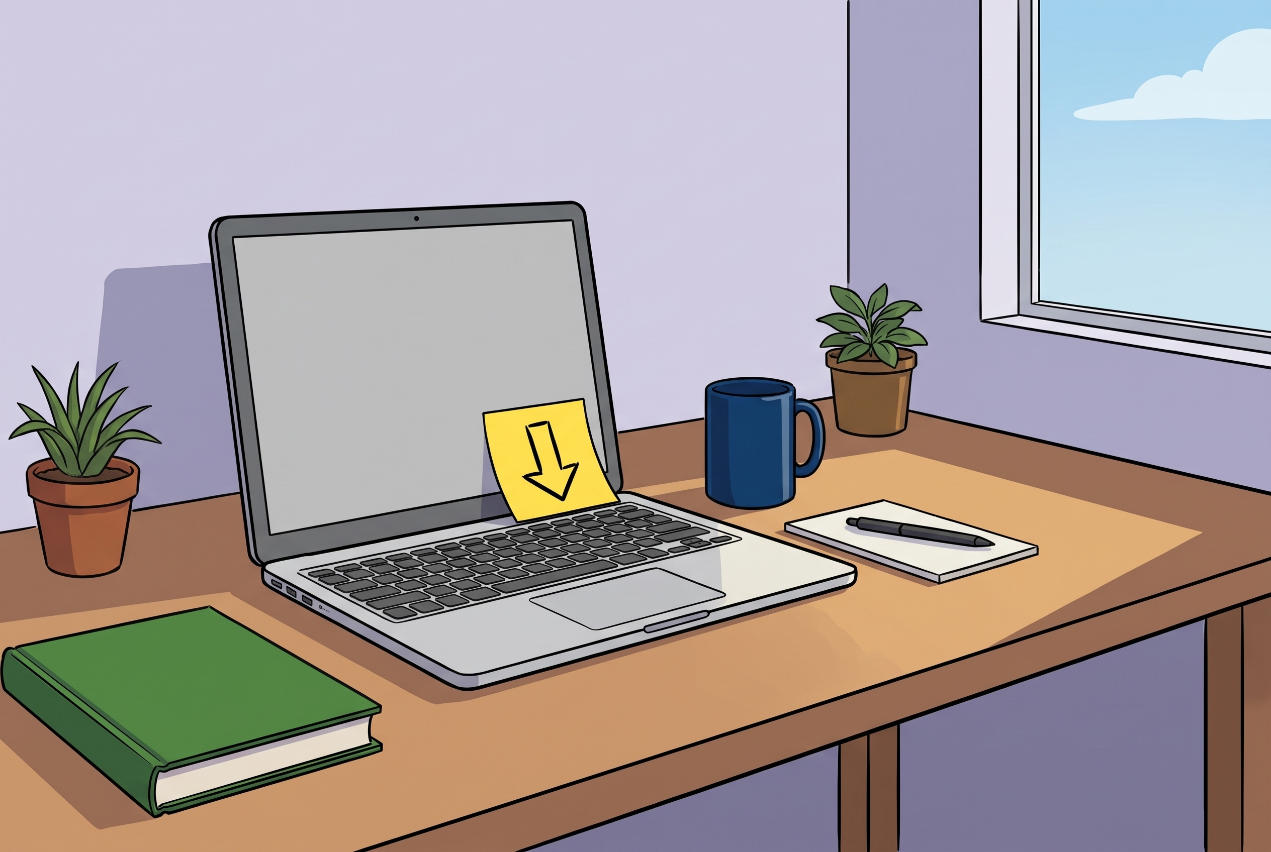 Haftzettel mit Pfeil am Laptop auf dem Schreibtisch, der erste Schritt liegt sichtbar bereit
