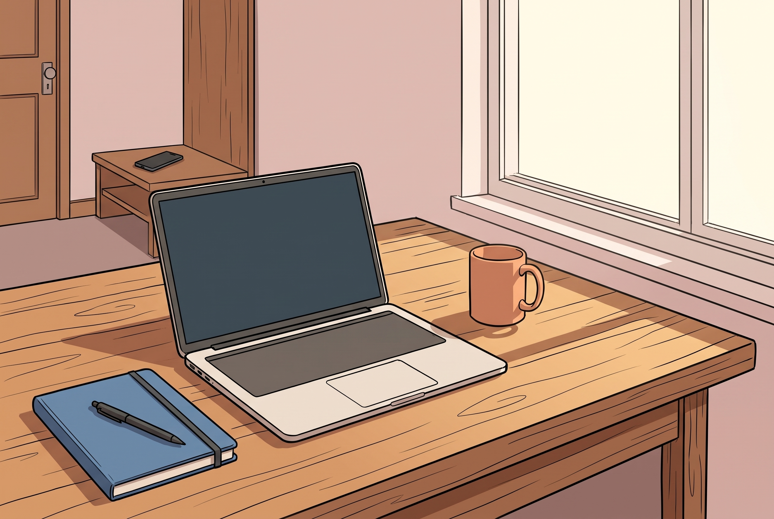 Aufgeräumter Arbeitsplatz mit Laptop, Notizbuch und Tasse, das Handy liegt weit weg auf der Bank an der Tür