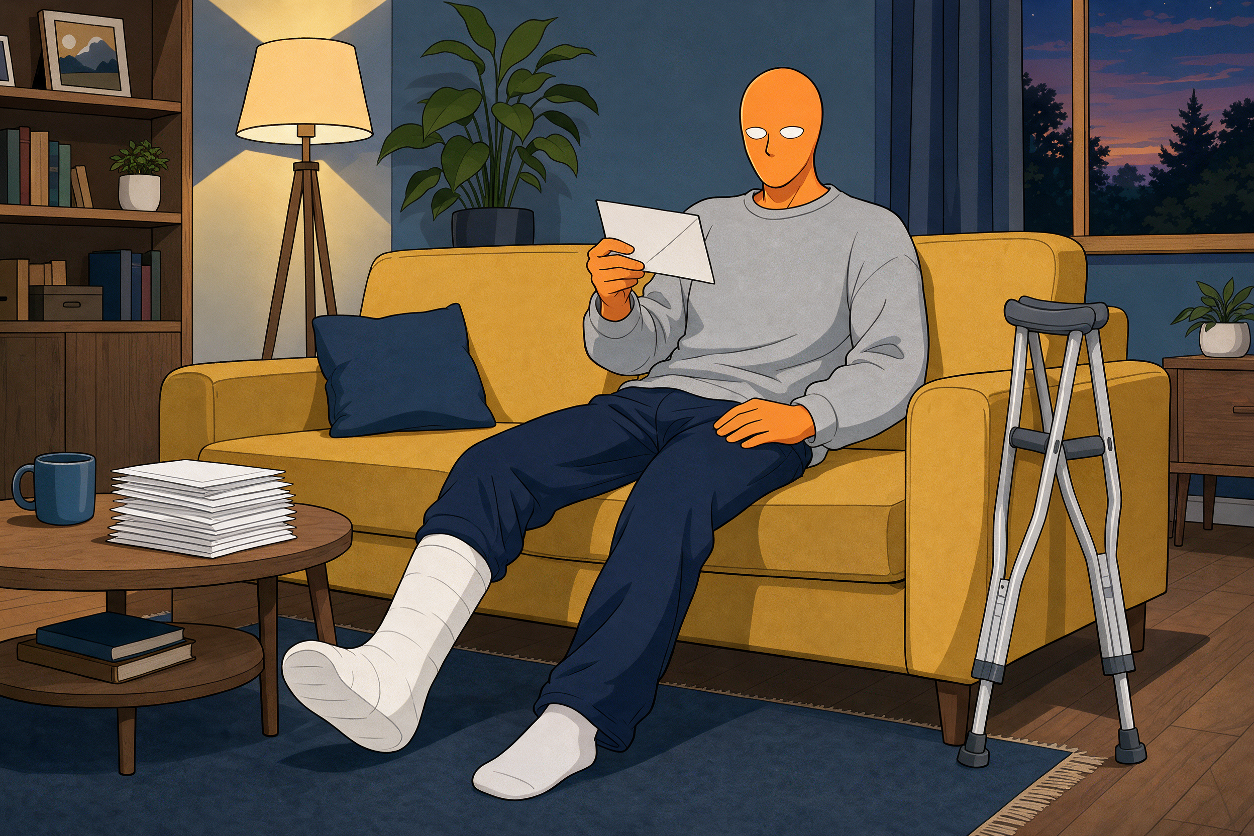 AlFi sitzt mit Gips am Bein auf dem Sofa und schaut auf einen Umschlag; auf dem Tisch liegt ein Stapel Briefe.