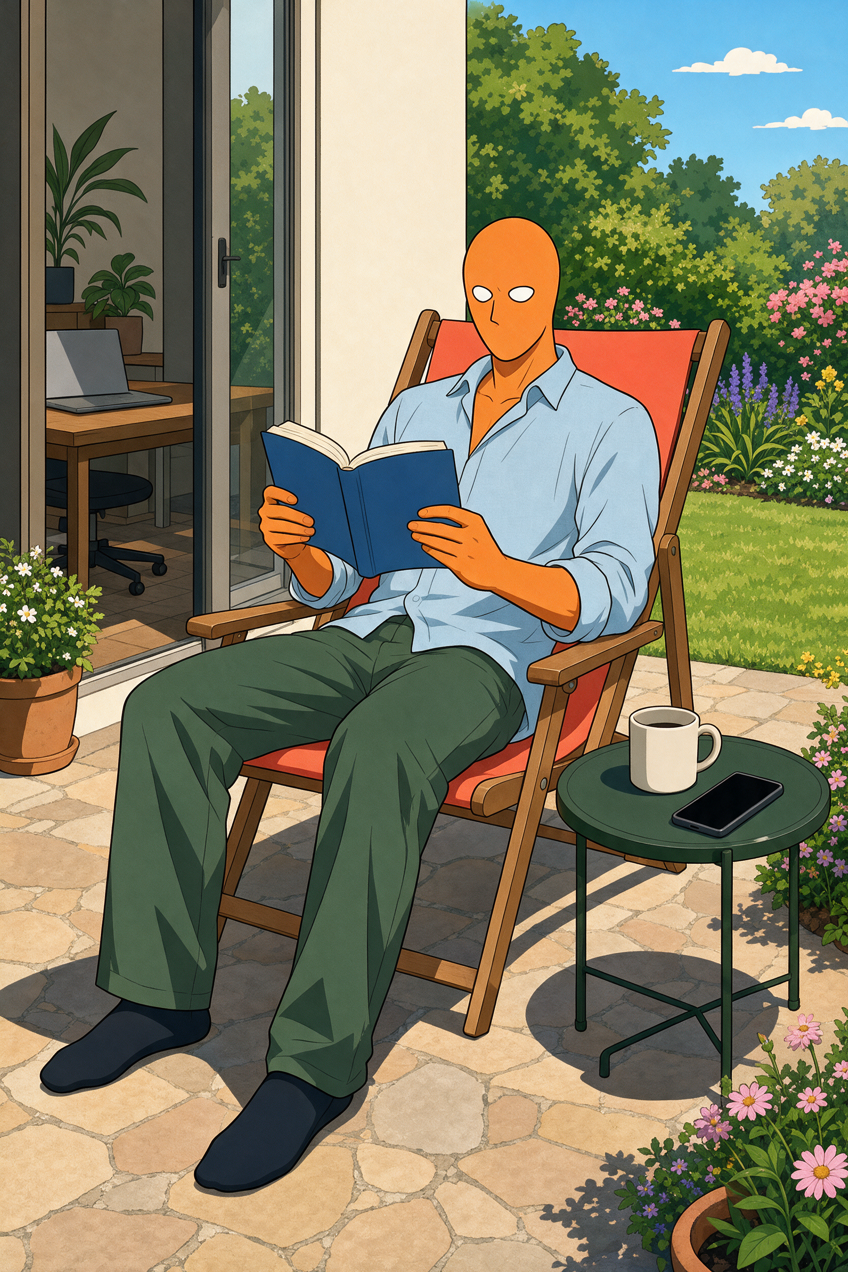 AlFi sitzt entspannt im Liegestuhl auf der Terrasse und liest ein Buch, neben ihm liegt das ausgeschaltete Handy, im Hintergrund der zugeklappte Laptop.