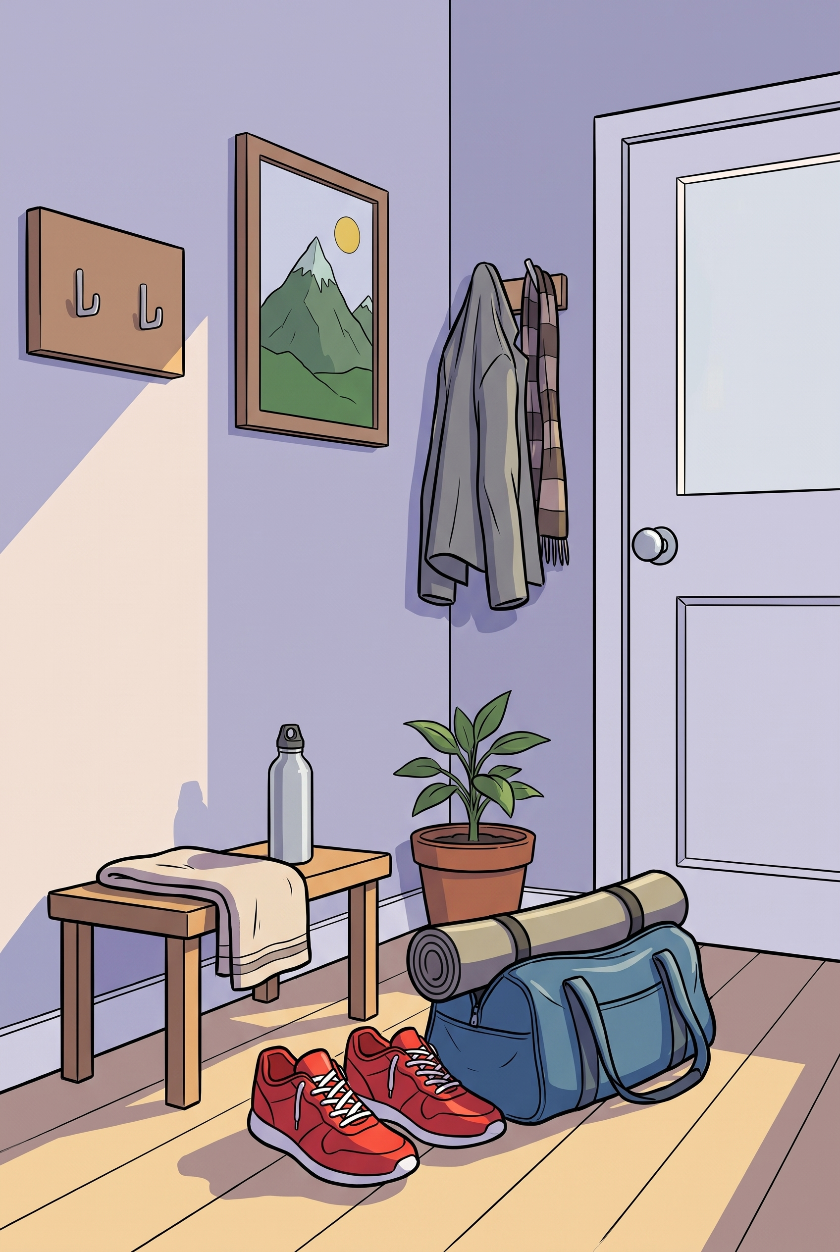 Routinen statt Motivation: Sportschuhe und gepackte Tasche bereit an der Wohnungstür