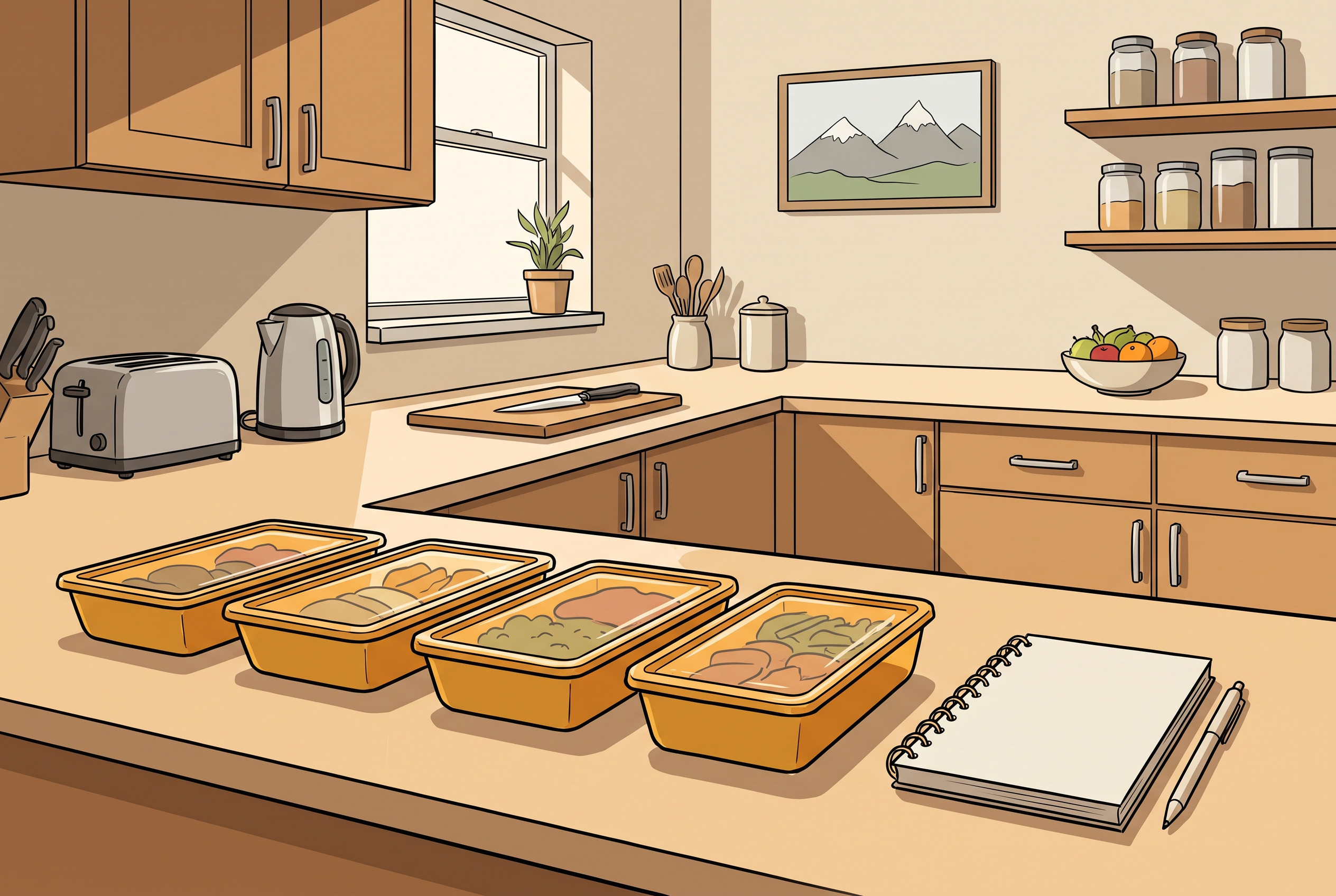 Routinen statt Motivation: Meal-Prep-Boxen in einer Reihe auf der Küchenablage