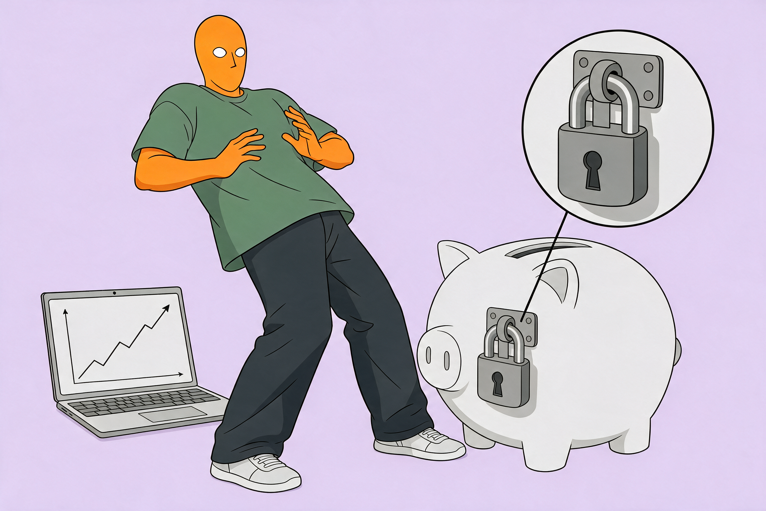 Säule 3a vs ETF Depot was zuerst: gezeichnetes Sparschwein mit Vorhängeschloss neben Laptop