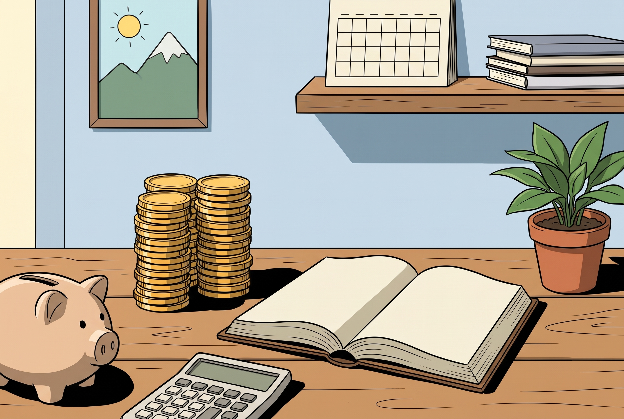 Münzstapel und Buch zur finanziellen Freiheit