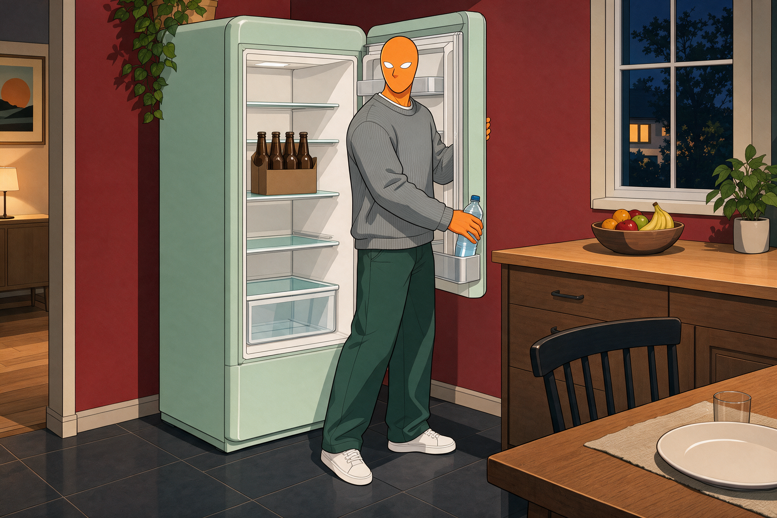 AlFi nimmt in der Küche eine Wasserflasche aus dem offenen Kühlschrank; das Bier im Regal daneben bleibt stehen.