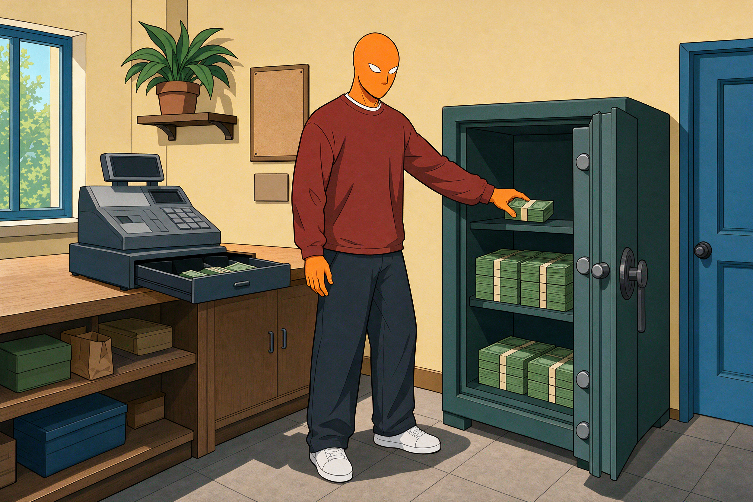 AlFi legt in einem Büro hinter dem Laden ein Geldbündel aus der offenen Kasse in einen offenen Tresor.