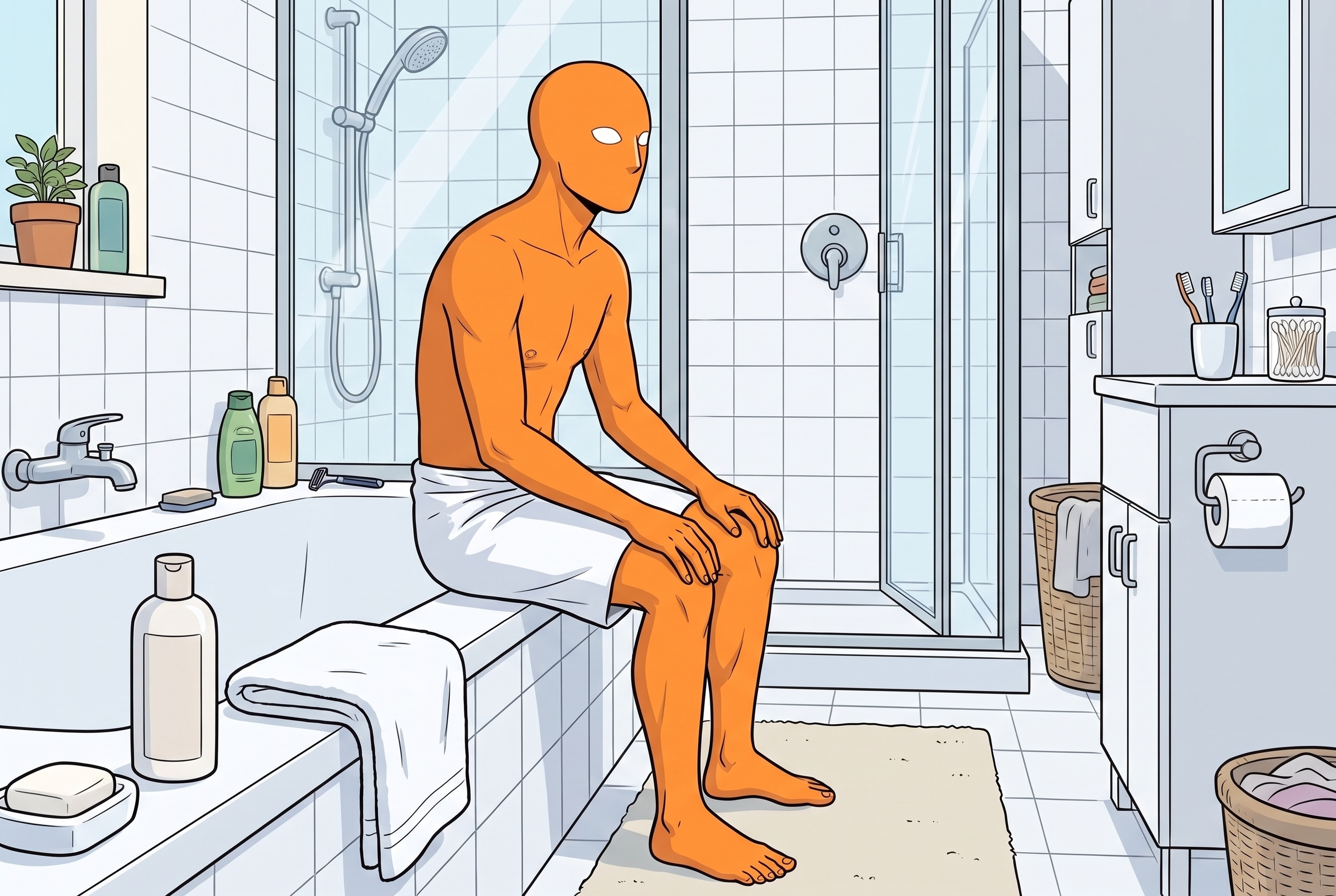 Heisses Wasser und lange Duschen trocknen die Haut aus – AlFi sitzt nach der Dusche erschöpft