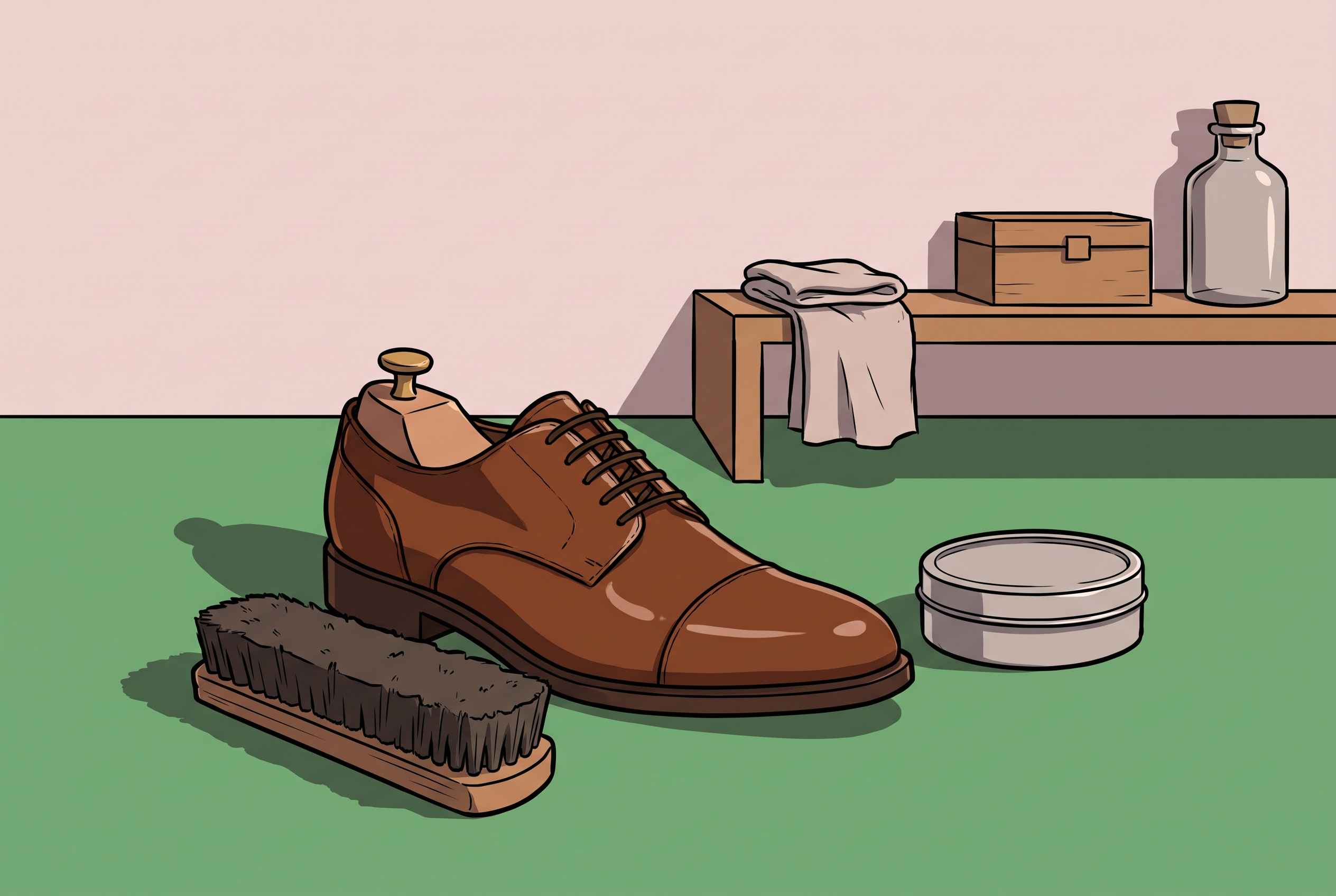 Schuhpflege mit Bürste, Schuhspanner und Lederschuh