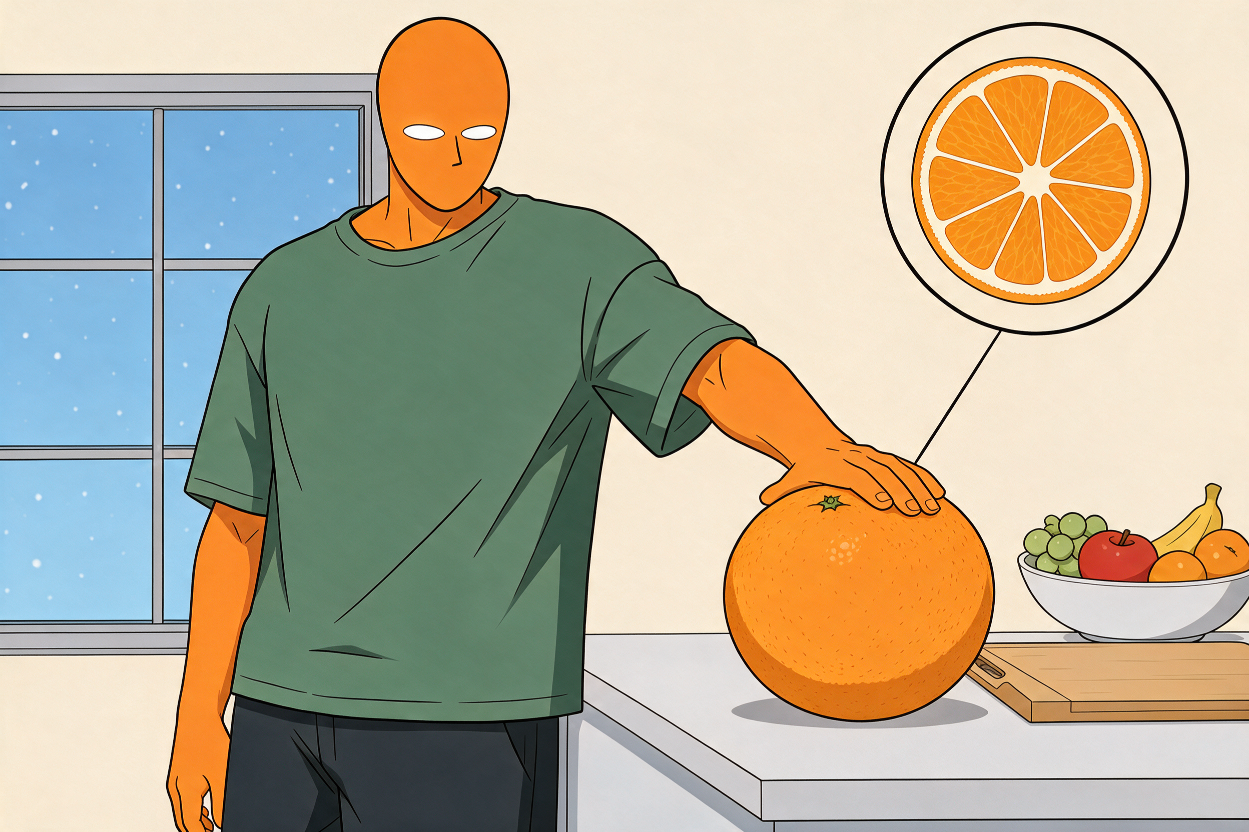 Zitrusfrüchte Winter Vitamin C: gezeichneter AlFi legt die Hand auf eine riesige Orange in der Küche