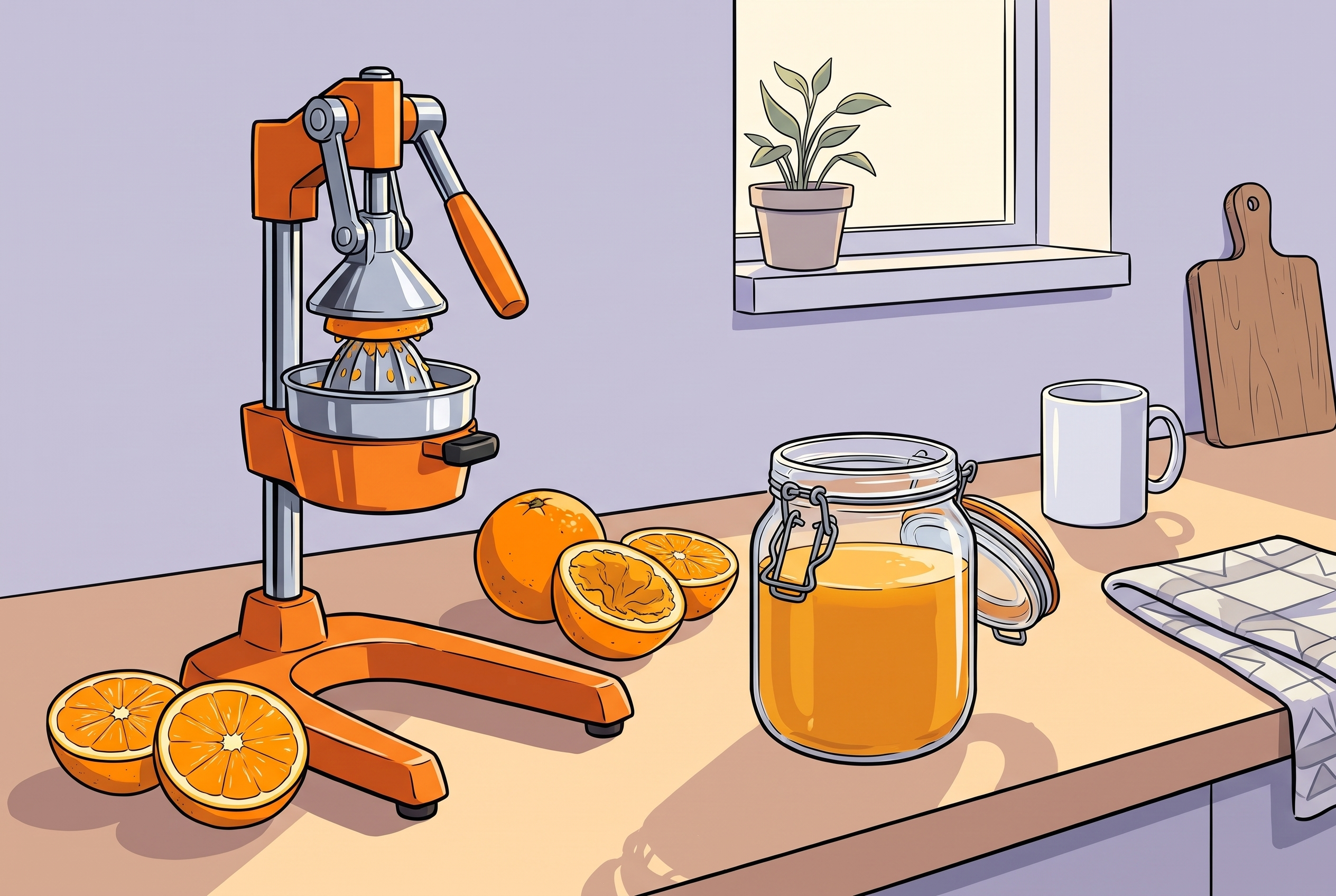 Zitruspresse, Orangen und luftdichte Box für Zitrusfrüchte im Winter